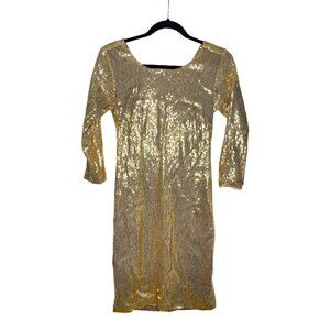 La Perla Dress Size 44 Large Women's 3/4 Sleeve Gold Sequin Open Back Mini Dress